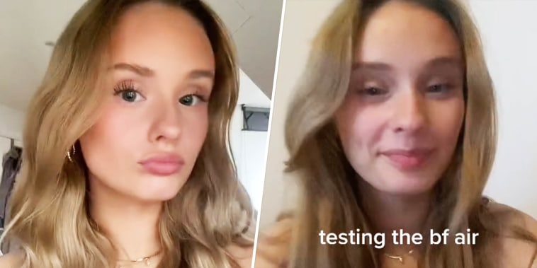 TikTok image showing a woman with makeup on one side and without makeup on the other side.