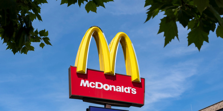 Logo for the 24 hour McDonald's fast food restaurant outside their restaurant on Old Kent Road on 8th May 2024 in London, United Kingdom.