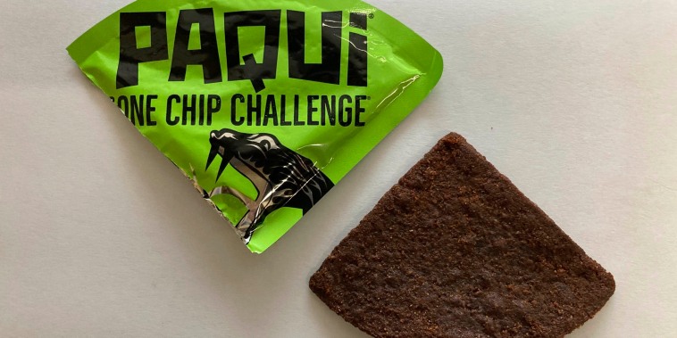 Paqui One Chip Challenge wrapper and chip.