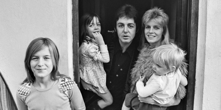 Paul McCartney and his wife Linda McCartney with their daughters Heather, Mary, and Stella.