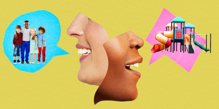 Collage of two moms mouths smiling with talking bubbles on a yellow background