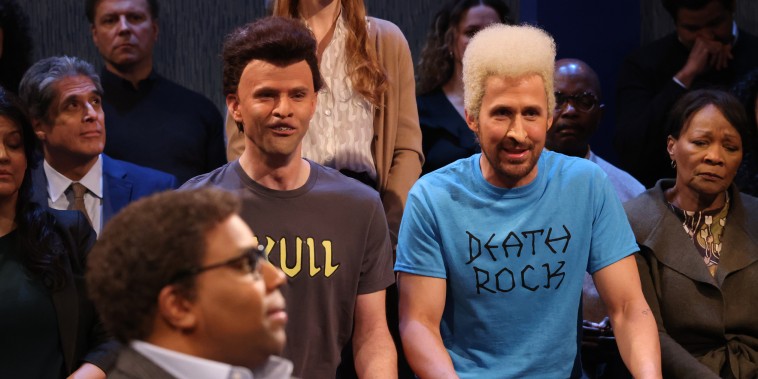 Kenan Thompson as Professor Norman Hemming, Mikey Day as Dean, Chloe Fineman as Patricia Faulkner, and host Ryan Gosling as Jeff during the "Beavis and Butt-Head" sketch on "Saturday Night Live" on April 13, 2024.