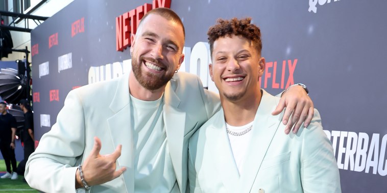 Travis Kelce and Patrick Mahomes at the "Quarterback" premiere at Netflix Tudum Theater on July 11, 2023 in Los Angeles.