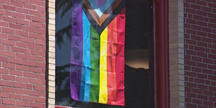 A Pride flag at the Newberg Public Library in Oregon.