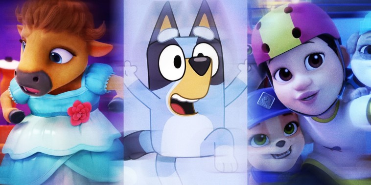 collage split images of Fred the bison, Bluey, and River from Rubble and Crew
