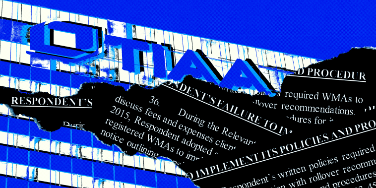 Photo Illustration: The exterior of a TIAA office building being ripped, with legal documents in the tear