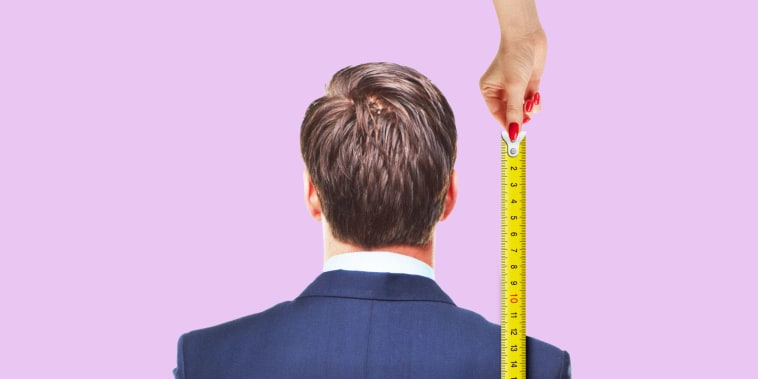 collage of womans hand measuring the height of a man from the back