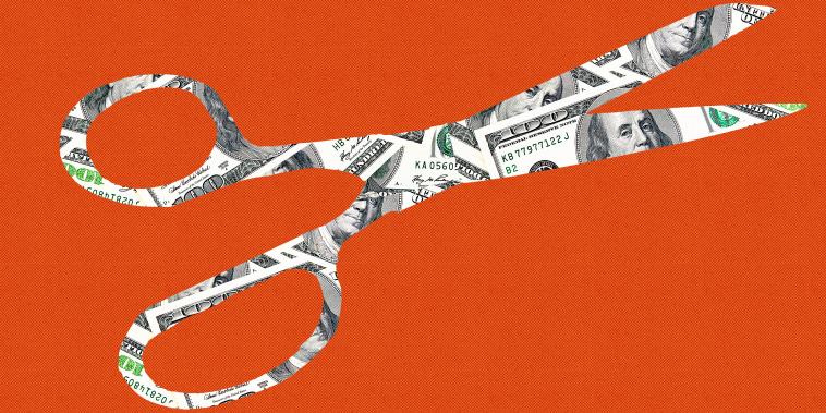 Photo Illustration: A cutout of scissors, against the backdrop of hundred dollar bills