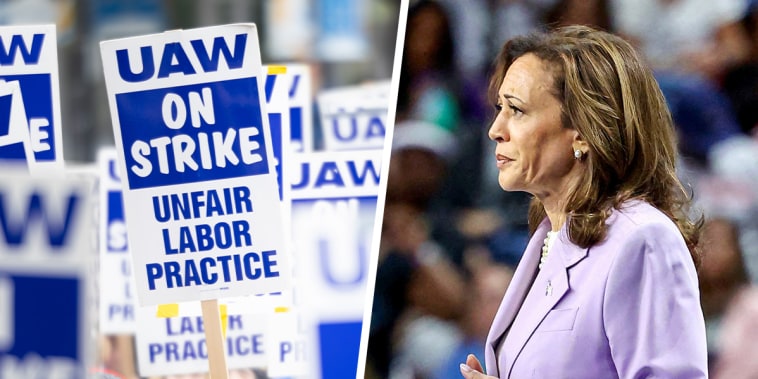 A split composite of a photo of the UAW and Kamala Harris.