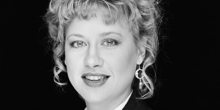 A black and white photo of Victoria Jackson