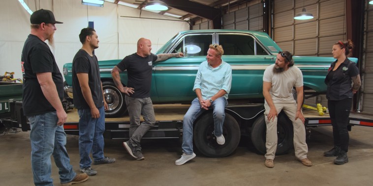 Netflix's Tex Mex Motors. (L to R) Wes, Jenicio, Mike Coy, Rabbit, Scooter and Jaime from episode 102 of Tex Mex Motors.