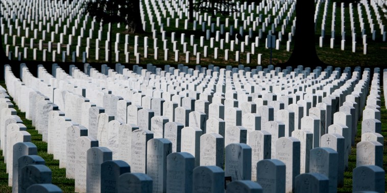 Headstones line the rolling hills of Arlington National Cemetery where Republican presidential nominee and former U.S. President Donald Trump attended a ceremony on Monday in Arlington, Virginia.