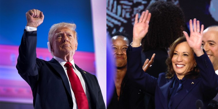 Donald Trump en la Convención Republicana en Milwaukee, izq., y Kamala Harris en la Convención Demócrata en Chicago. 