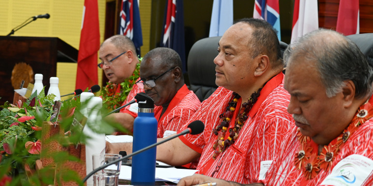 From left: Prime Minister of Cook Islands Mark Brown, Prime Minister of Solomon Islands Jeremiah Manele, Prime Minister of Tonga Hu'akavameiliku Siaosi Sovaleni and Pacific Islands Forum Secretary General Baron Waqa during the 53rd Pacific Islands Forum Leaders Meeting, Tonga on August 30, 2024. 