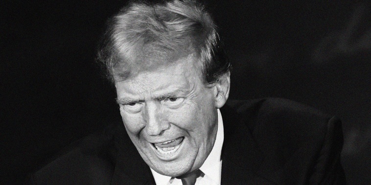 A black and white photo of Donald Trump speaking