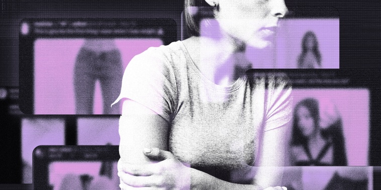 Photo Illustration: A young woman hugging herself against a backdrop of blurred posts from eating disorder accounts on X