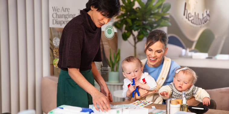 Shazi Visram with Hilary Swank with twins Ohm and Ava