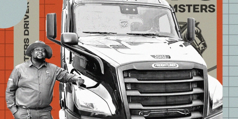 Photo collage of man standing next to UPS truck against orange background; text on the right and left of the frame reads: "Teamster Driver Fact Sheet" and "UPS Teamsters"