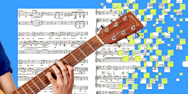 Person playing guitar as a piece of sheet music in the background disintegrates into pixels.