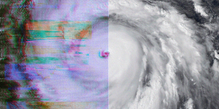 Satellite image of a hurricane split in two; the left side is glitchy and distorted 