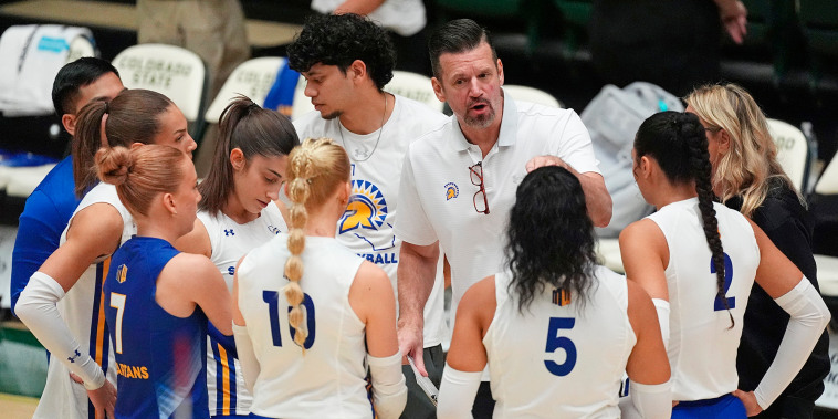 San Jose State head coach Todd Kress talks to his players.