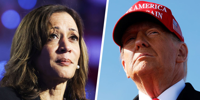 A split composite image of Kamala Harris, left, and Donald Trump
