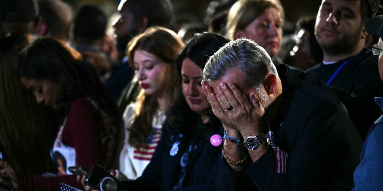 Supporters react to election results during an election night event for Vice President and Democratic presidential candidate Kamala Harris at Howard University in Washington, DC, on November 5, 2024.