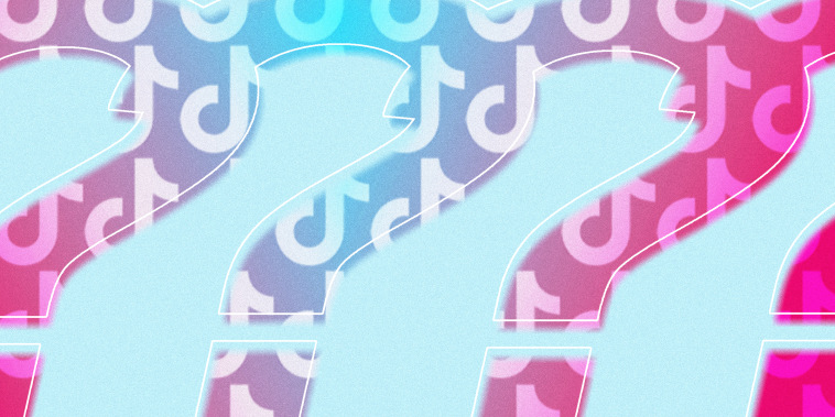 Four question marks, overlapping a bit, in a blue to pink gradient color are centered across a blue background. Inside of the question marks is a repeating pattern made up of the TikTok app logo.