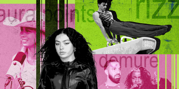 Photo collage in neon green, bright pink, and black with several figures: Charli XCX, Drake and Kendrick Lamar, Haliey Welch (also known as Hawk Tuah Girl), and Stephen Nedoroscik (also known as Pommel Horse Guy). The words "aura points," "rizz," "brat," "demure," and "brain rot" are overlaid across the image.