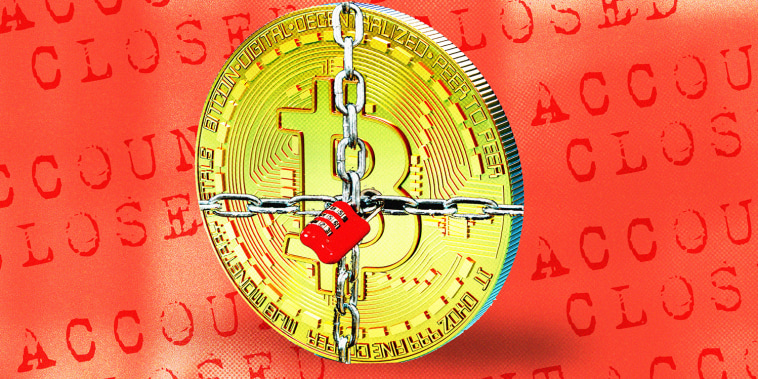 Photo illustration of a Bitcoin locked behind a padlock, the background reads "Account Closed" repeatedly 