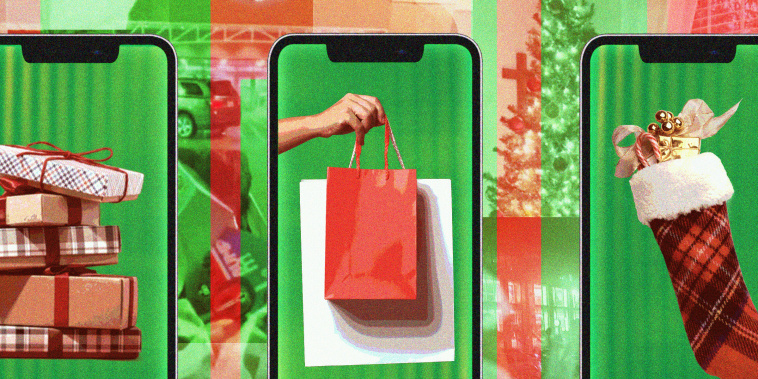 Three smartphones, with images of stacked gift boxes, a hand holding gift bags, and a Christmas stocking, respectively. Behind the phones is a collage background in red and green or various shopping centers and a decorated home.