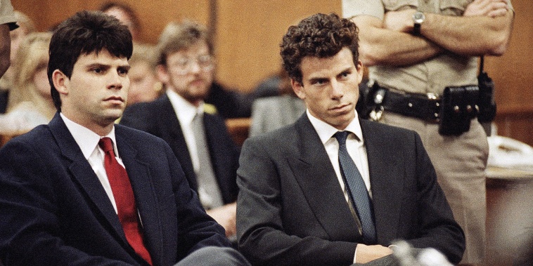 Lyle, left, and Erik Menendez sit in Beverly Hills Municipal Court in 1990.
