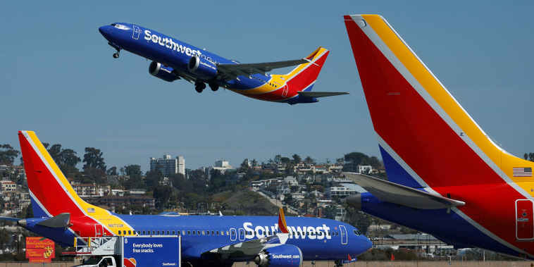 A Southwest Airlines plane takes off at San Diego International Airport.