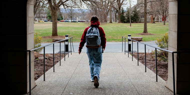 A person walks on campus at Muhlenberg College in Allentown