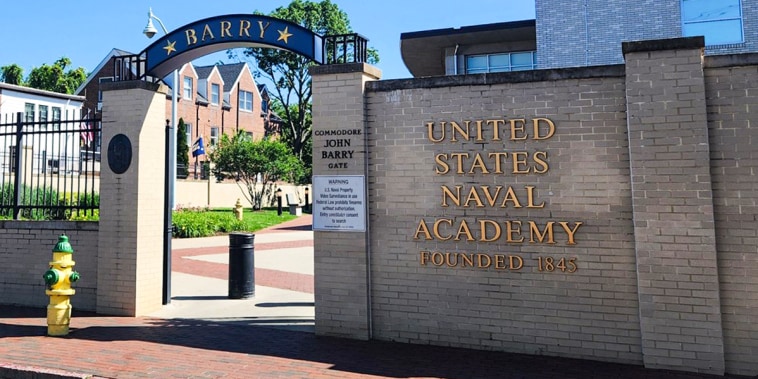The John Barry Gate at the United States Naval Academy campus, outside on a sunny day