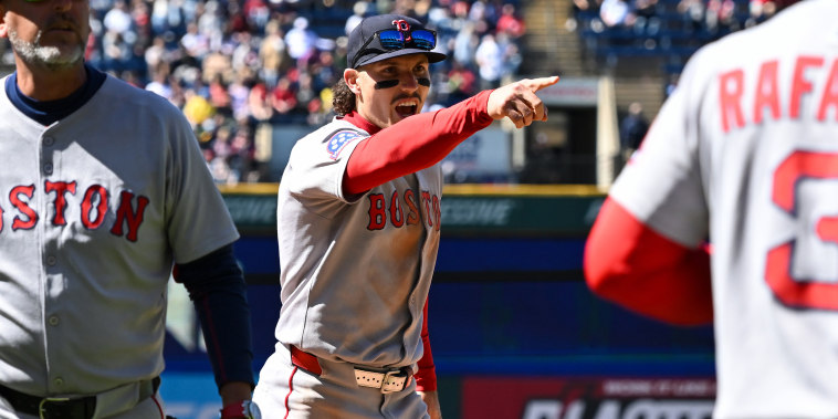 Jarren Duran #16 of the Boston Red Sox yells at fan during the seventh inning against the Cleveland Guardians at Progressive Field on April 27, 2025.