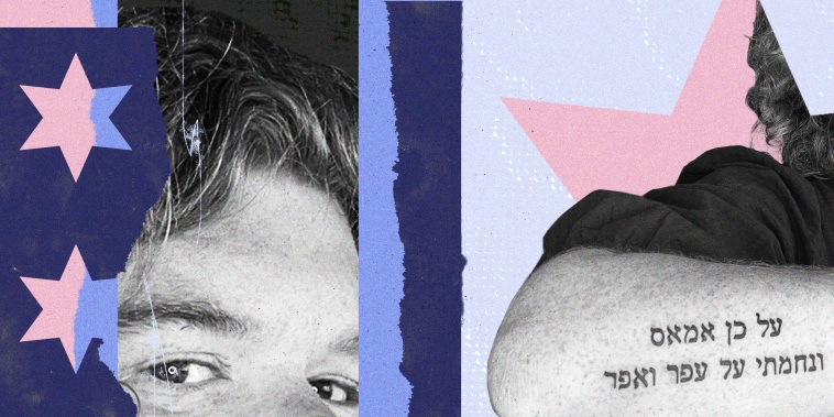 Photo collage with up-close photographs of Josie Riesman's face and of her arm with a tattoo in Hebrew. Cutouts of the Star of David are placed throughout.