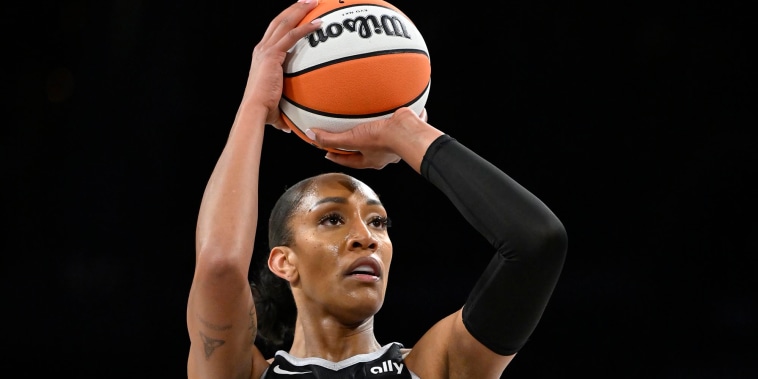 A'ja Wilson of the Las Vegas Aces prepares for a free throw against the Phoenix Mercury on May 6, 2025.