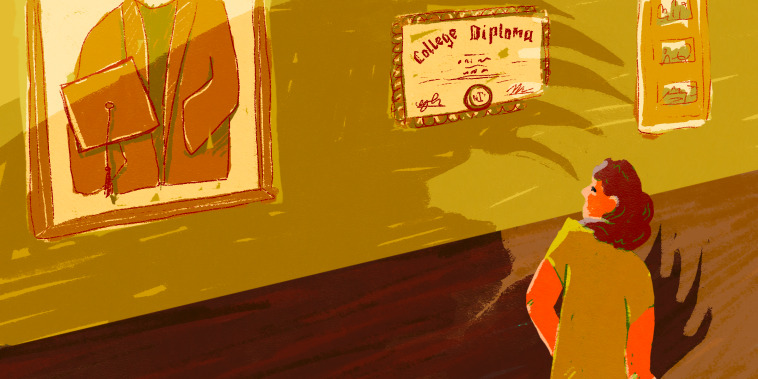 Illustration of a woman walking down a hall, turning her head towards something behind her. A large shadow with claws looms over her. On the wall, there is a framed cap and gown, a college diploma, and some photographs.