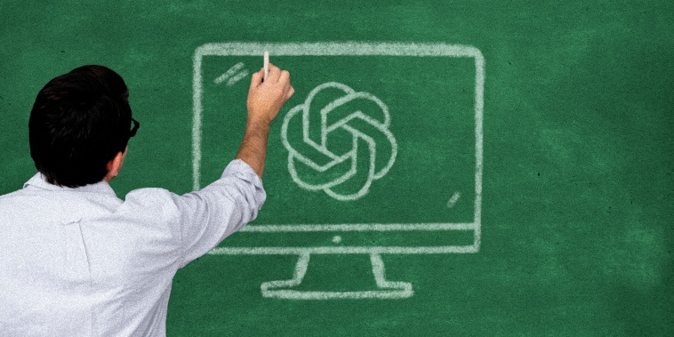Teacher looking at a chalkboard, drawing a computer with the Chat GPT logo in chalk.