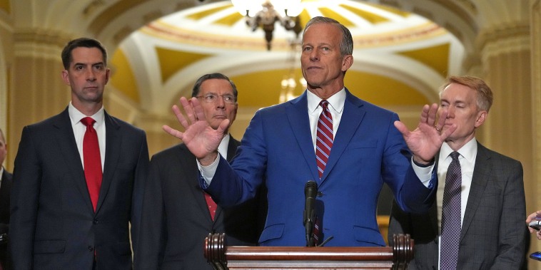 Senate Majority Leader John Thune is joined by, from left, Republican Sens. Tom Cotton and John Barrasso and Rep. James Lankford, R-Okla., at the Capitol on May 13, 2025.
