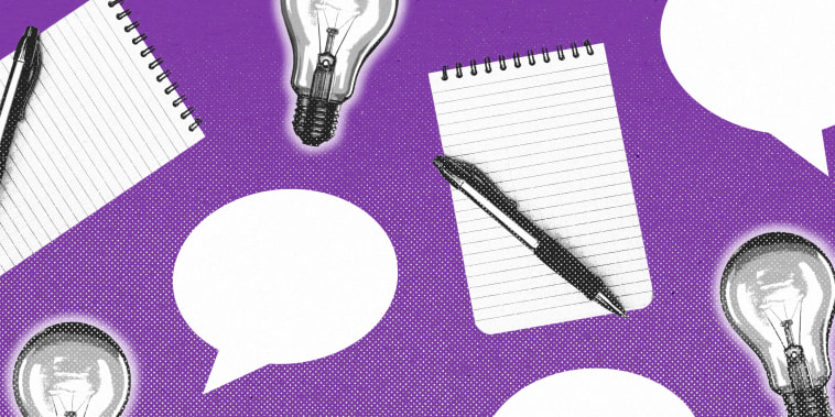 Light bulbs, note pads and pens, and speech bubbles repeated in a pattern against a purple background.