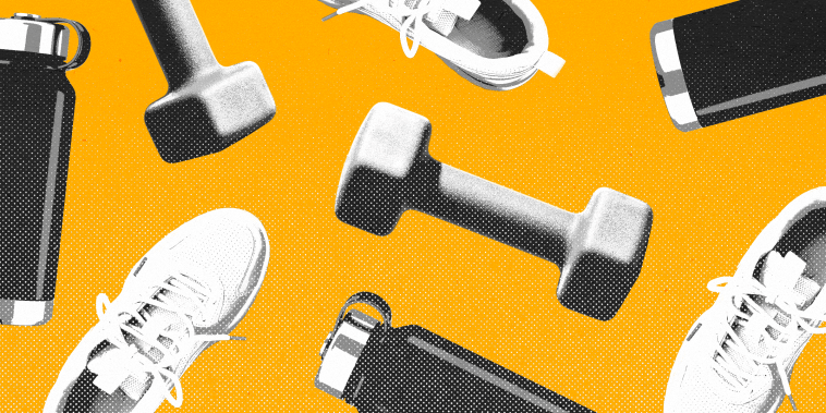 Running sneakers, water bottles, and weights repeating in a pattern against a yellow background.