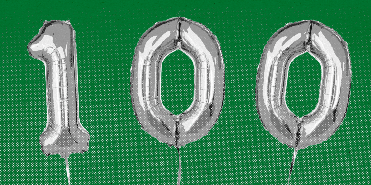Balloons that spell the number 100, against a green background.