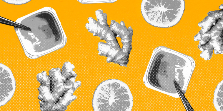 Repeating pattern of ginger root, lemon slices, and yogurt cups against a yellow background.