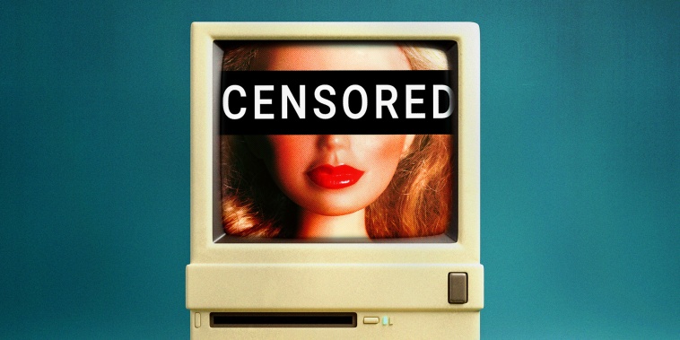 Photo illustration of a woman's face on a computer screen with a "CENSORED" bar over the screen 