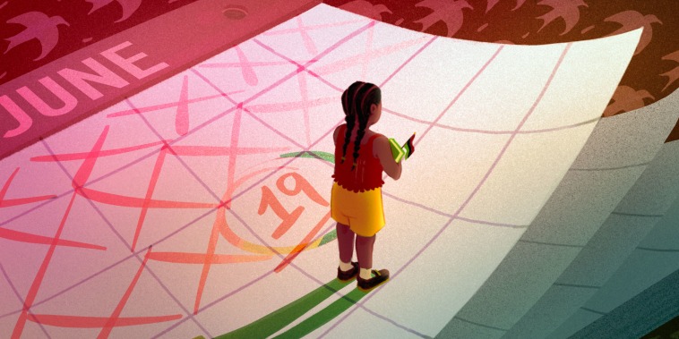 Young Black girl holding a history book and standing on a calendar marked June 19. 
