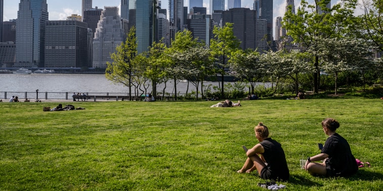 People sit in Brooklyn Bridge park