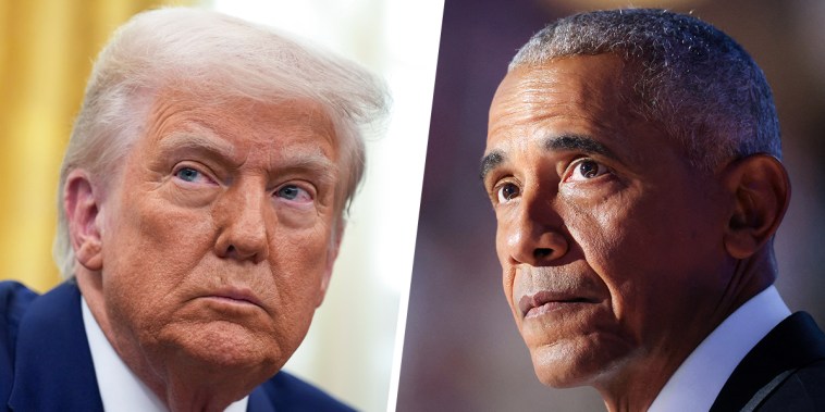 A split composite image of President Donald Trump, left, and Barack Obama.