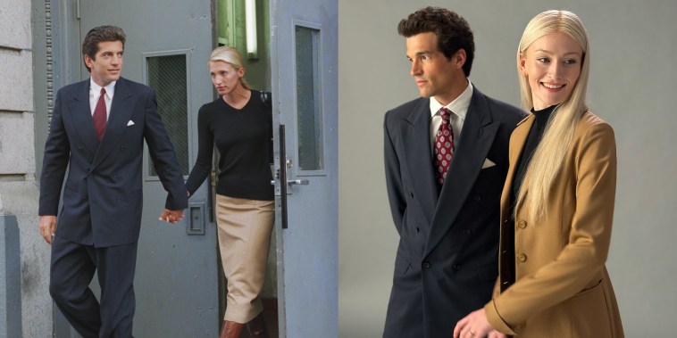 John F. Kennedy Jr. and bride Carolyn Bessette Kennedy in 1996; Sarah Pidgeon and Paul Kelly as JFK Jr and Carolyn Bessette on the set of Ryan Murphy's "American Love Story."